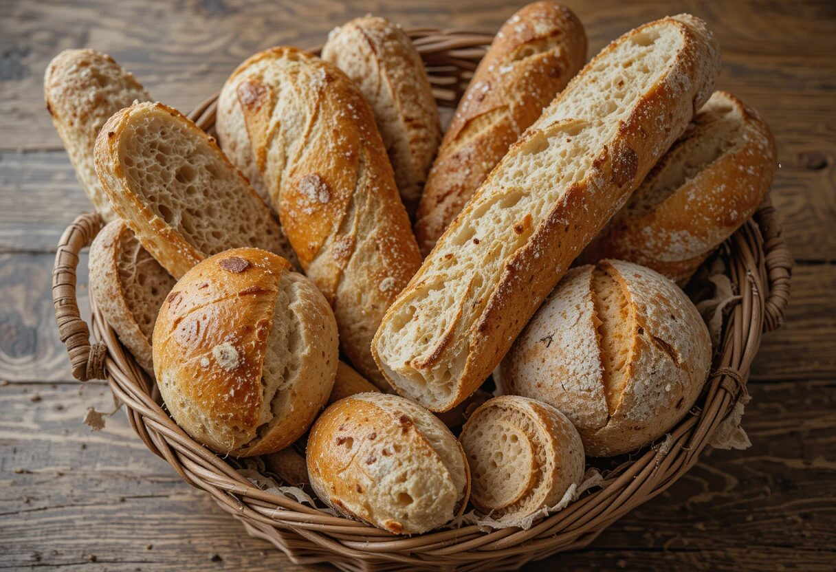 A rustic basket filled with assorted fresh breads, including sliced baguette, sourdough, and fluffy rolls, sitting on a wooden table.